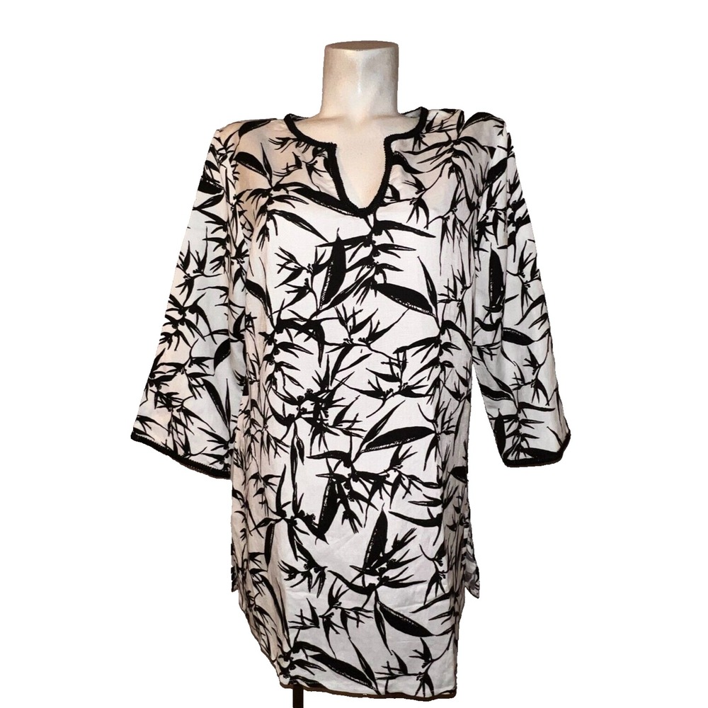 Context Lord & Taylor Womens Linen Blend Tropical Print Tunic Top White Black L